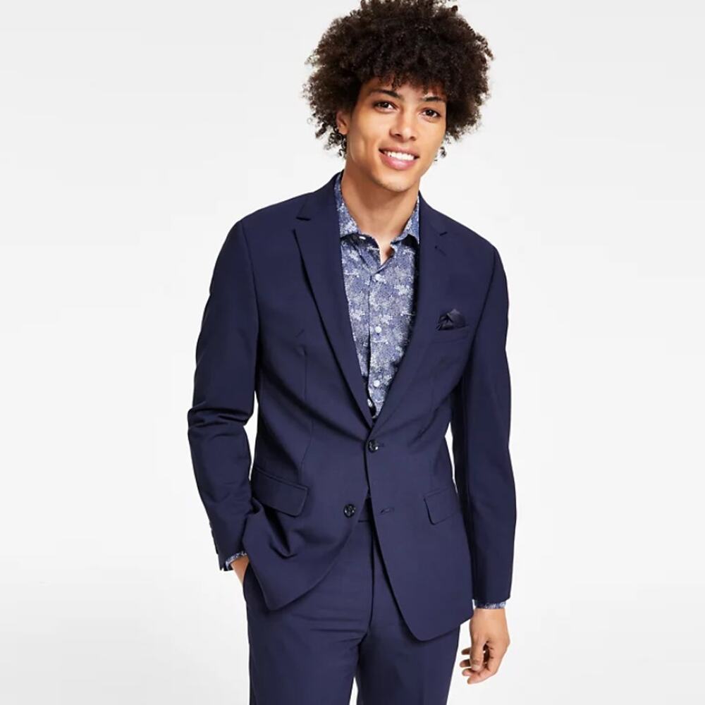 Bar III Men's Navy Wool-Blend Skinny Fit Wrinkle-Resistant Suit Jacket Size 42L